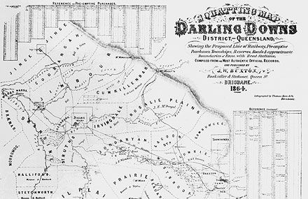 Detail image of an old map from 1864 of the Darling Downs district.