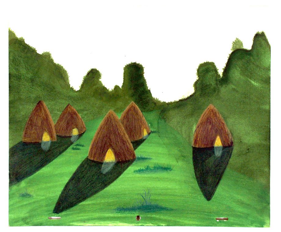 Drawing of straw huts and green land