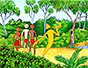 Illistrated image of three First Nations Australians in a rainforest with a spirit person. The spirit person has a tapered wisp shape instead of legs.