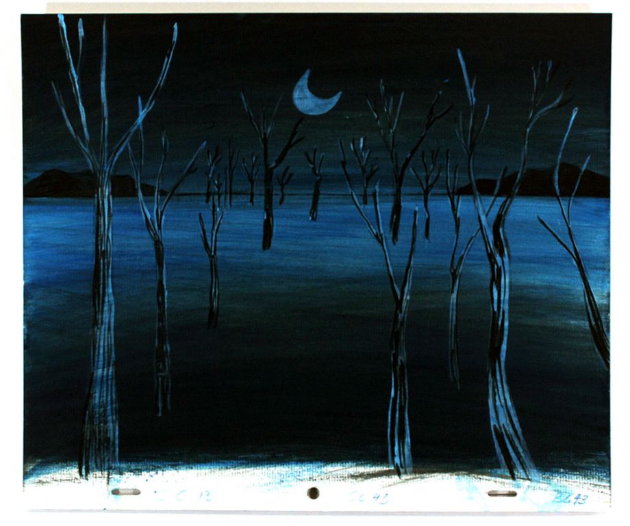 Drawing of trees in water at night