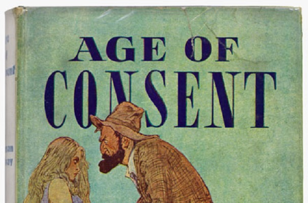 Detail of cover for Age of consent, by Norman Lindsay. A bearded man in his 40s or 50s looms over a young teenage girl.