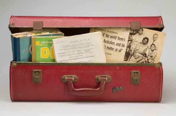 Lambert McBride Collection,1963-1997  Suitcase used by Lambert McBride whilst campaigning.  John Oxley Library, SLQ  MMS ID 99263163402061