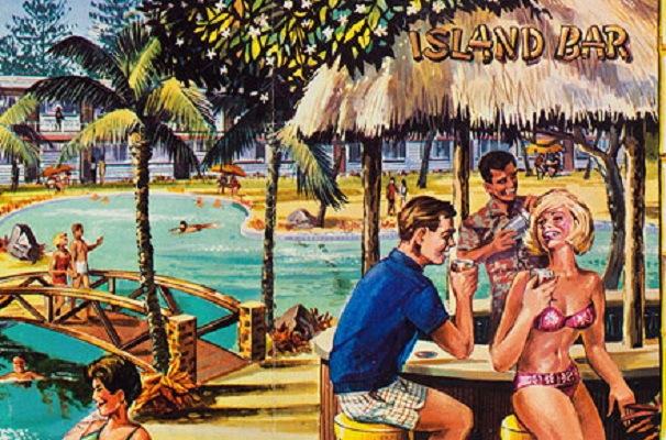 Illustrated tropical beach scene with a man and a woman sat at a tiki bar with a barman making cocktails