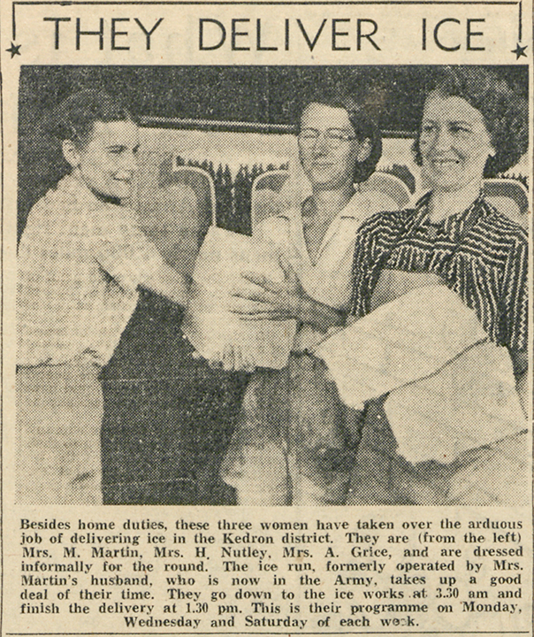 Article titled “They Deliver Ice”, in The Telegraph, 29 Jan 1944, p.4, with picture of 3 women holding large blocks of ice.