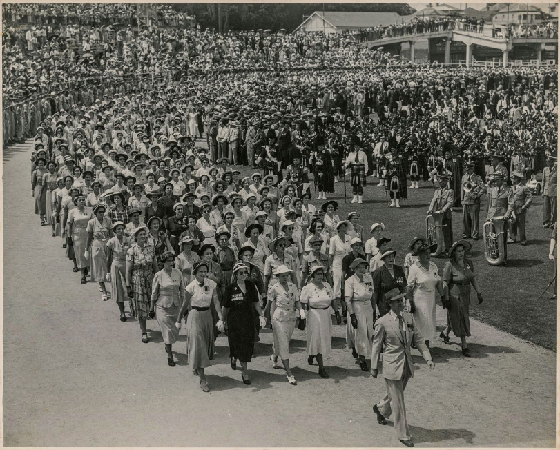 Ex-servicewomen marching at the Brisbane Exhibition Grounds, 17 March 1954.