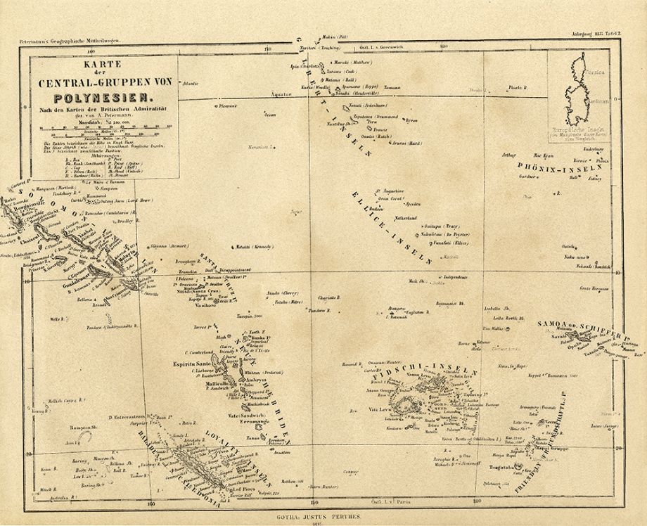 1857 Karte der Central-Gruppen von Polynesien: Nach den Karten der Britishen Admiralitat. Augustus Petermann 1822-1878. Gotha Germany : Justus Perthes :1857.