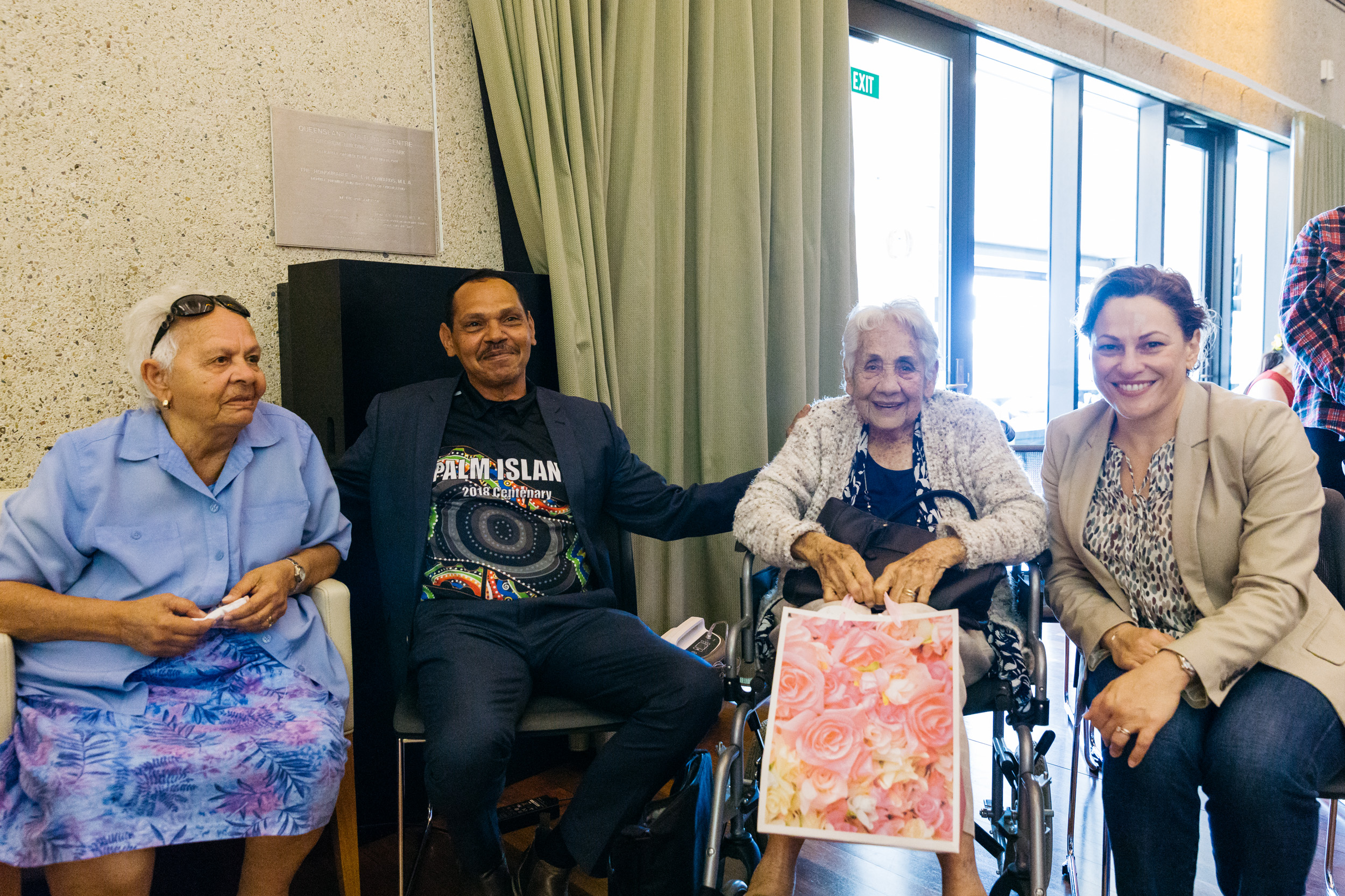Palm Island & Our People exhibition launch, 22 September 2018, left to right Aunty Sylvia Palmer, Mayor Alf Lacey, Aunty Pam Mam, The Honourable Jackie Trad