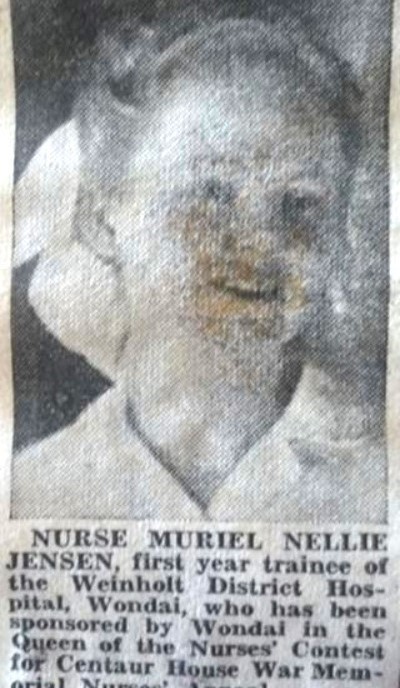 Nurse Muriel Nellie Jensen from Wondai entered the Queen of the Nurses Quest 1948,