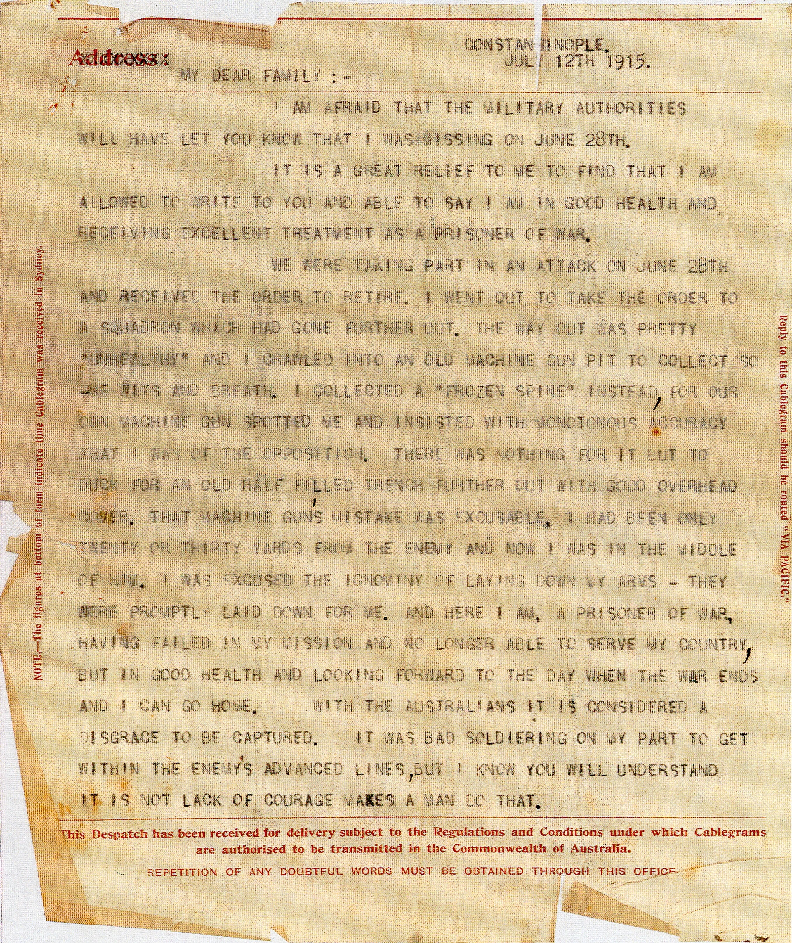 Letter dated 12 July 1915 from Maurice Delpratt to his family from Constantinople, confirming that he was now a prisoner of war, John Oxley Library, State Library of Queensland, Acc. 28115/7