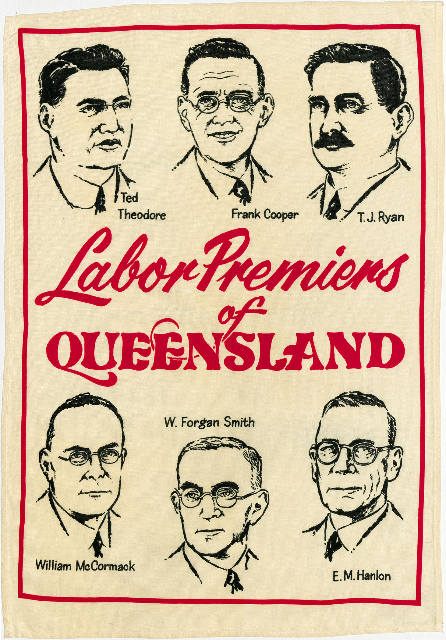 Colour tea towel of past Labor Premiers of Qld 