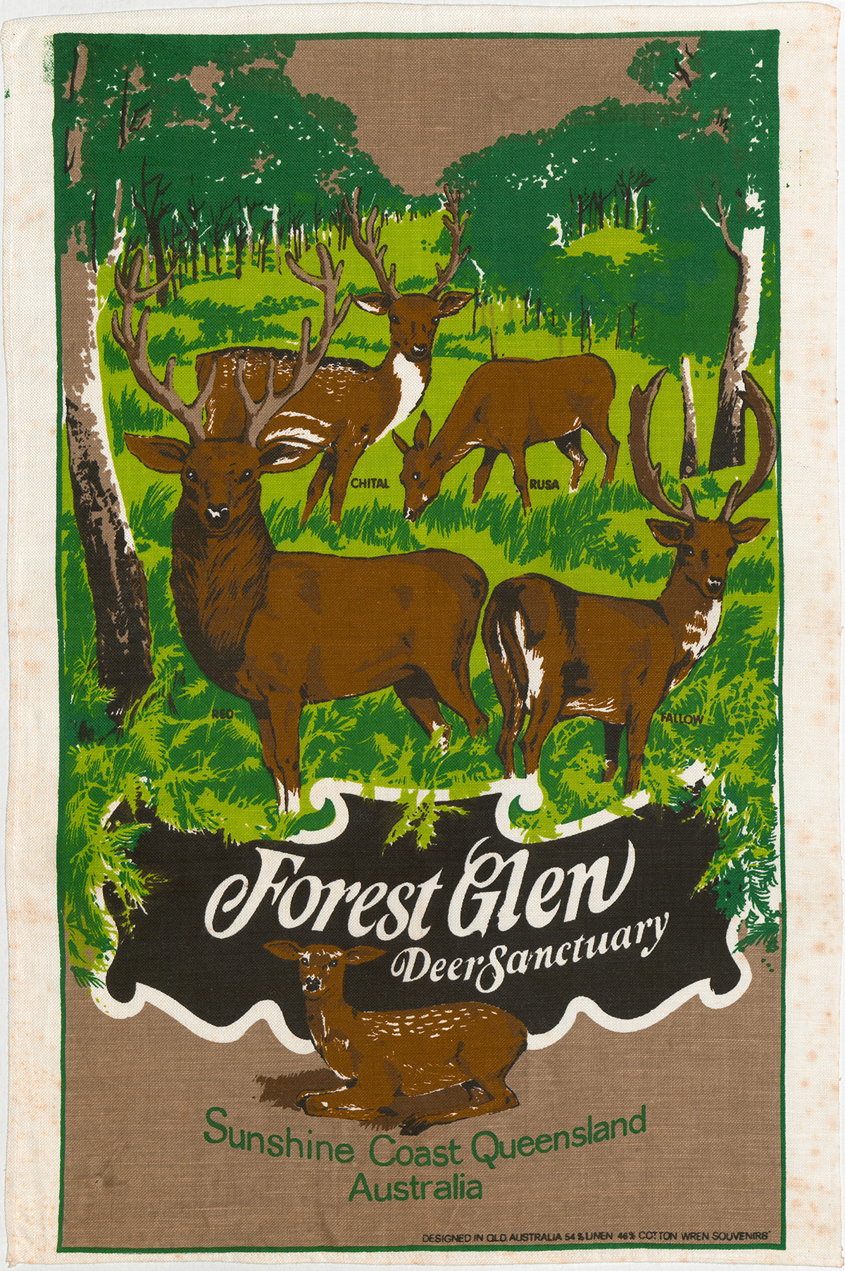 Colourful tea towel of Forest Glen Deer Sanctuary 