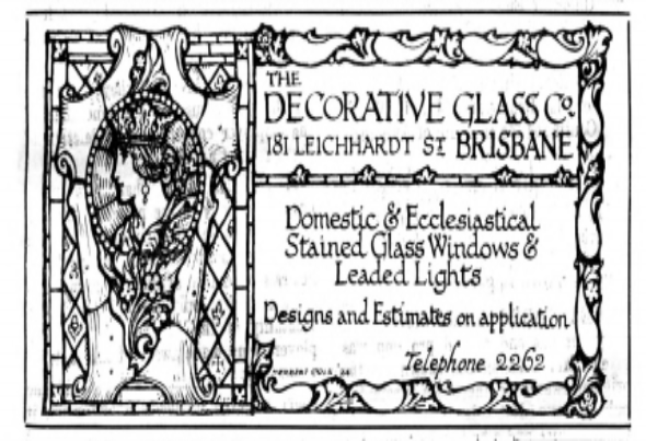 Advertisement for The Decorative Glass Co, published in the Architecture & building journal of Queensland, 10 May 1929, p 25