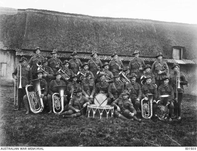 Group portrait of the band of the 41st Battalion at Locre, 1918