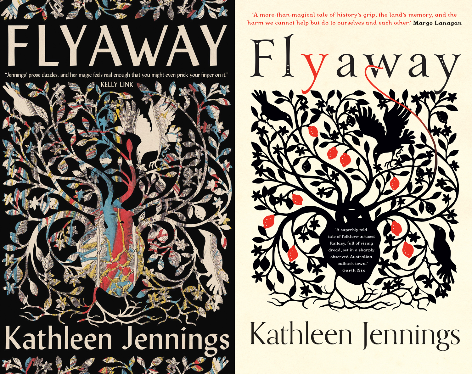Two covers of Kathleen Jennings's book, Flyaway
