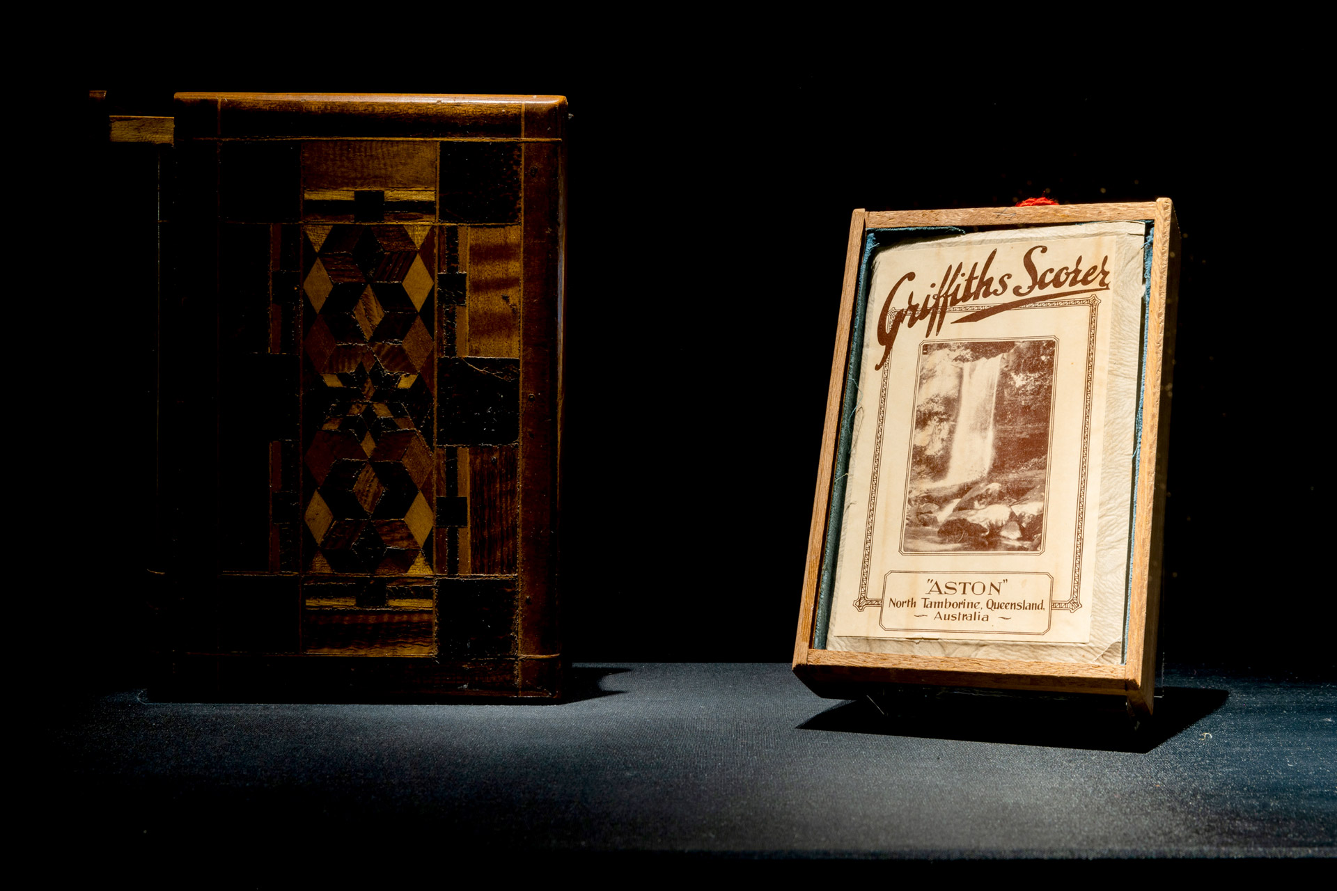 Timber book with inner draw and cards on display.