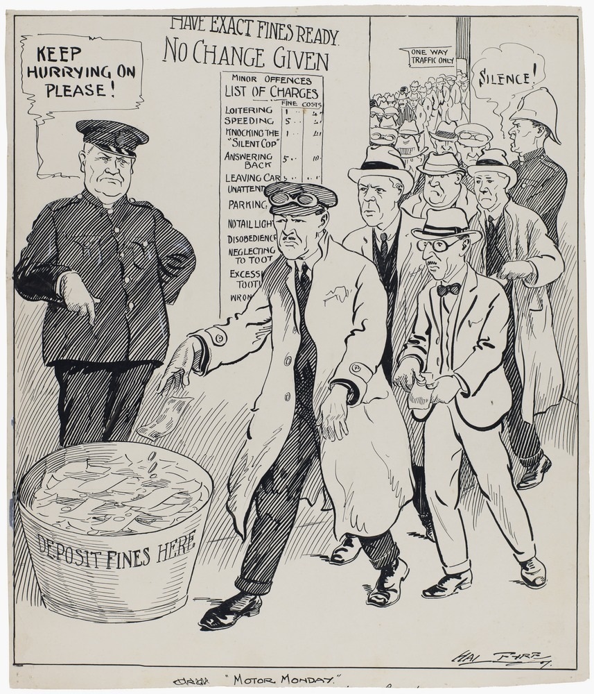 A satirical cartoon of a line of men in 50s buisness suits depositing traffic fines into a bucket. Two policemen rush the line through and a list of charges is in the background, featuring fines such as 'neglegting to toot'.
