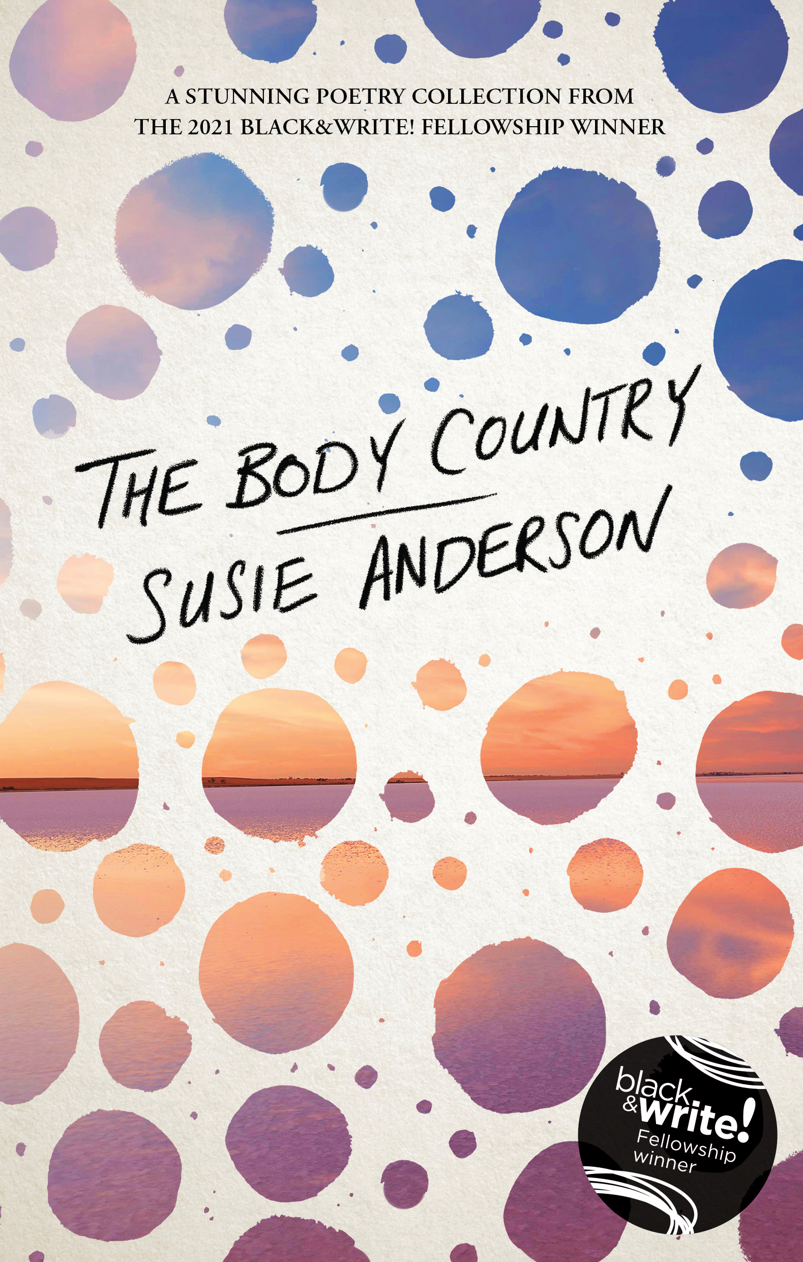 Cover of the body country by Susie Anderson which is white with blue and orange watercolour dots