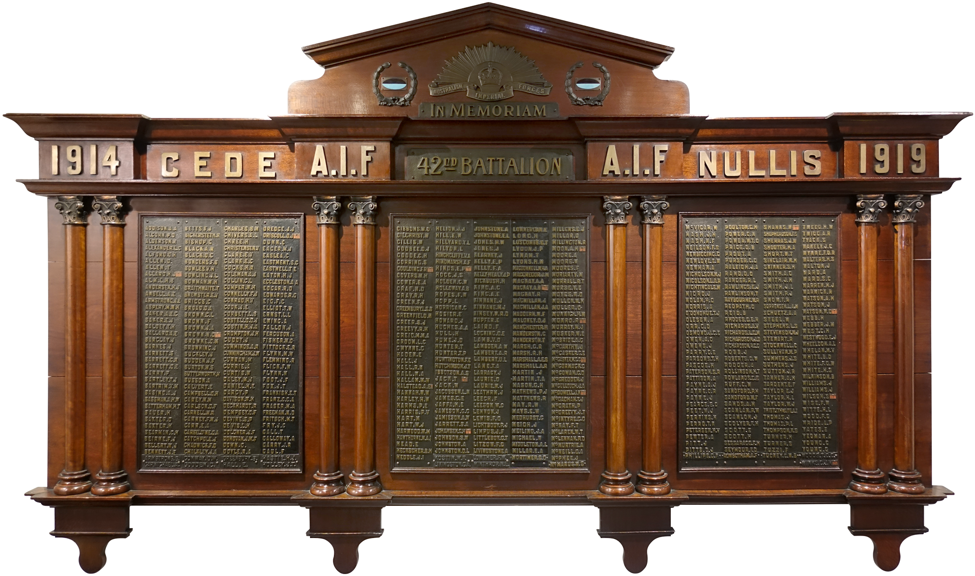 Photograph of three-panelled timber honour board with names of soldiers from the 42nd Infantry Battalion