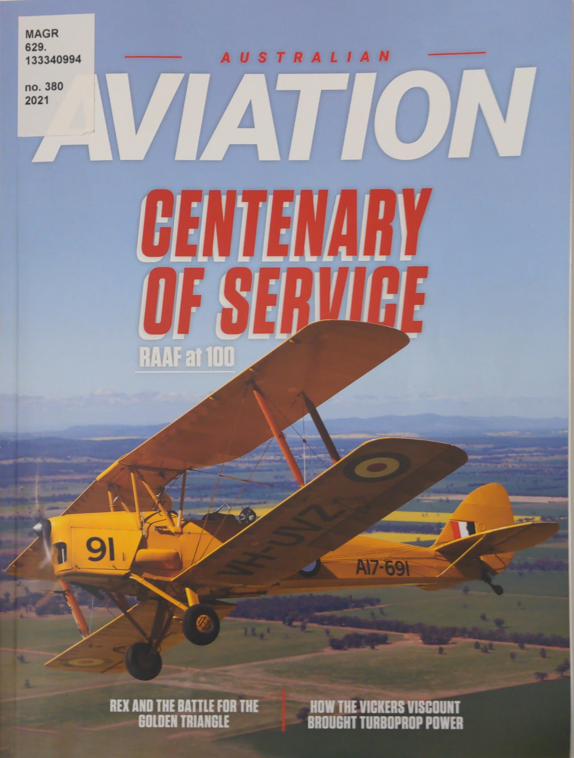 Image of a yellow Tiger Moth (A17-691) on front cover of "Australian Aviation" magazine issue no. 380 2021
