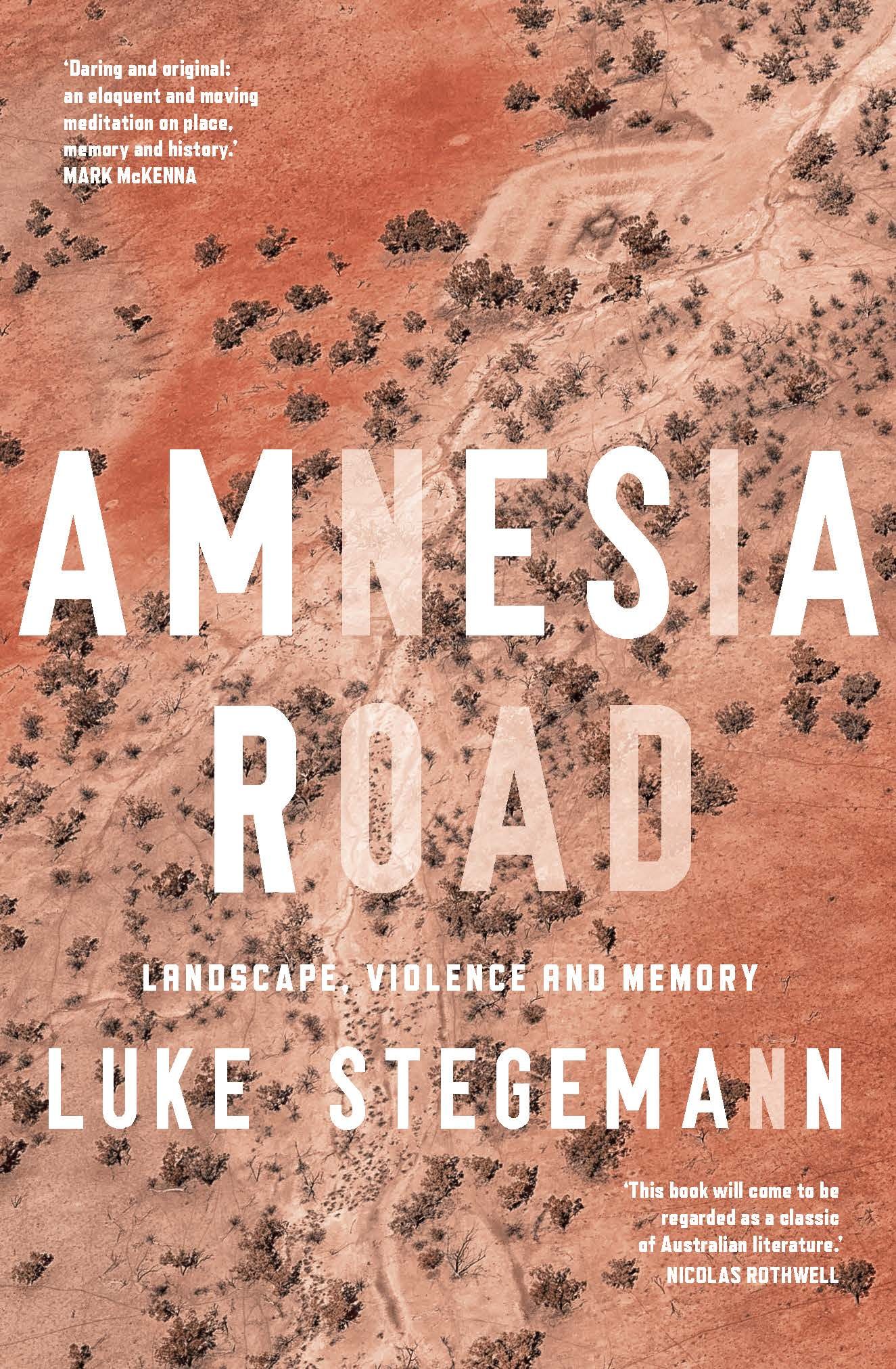 The cover of Amnesia Road by Luke Stegemann - An aerial view of red and brown dirt, with creek beds and some trees