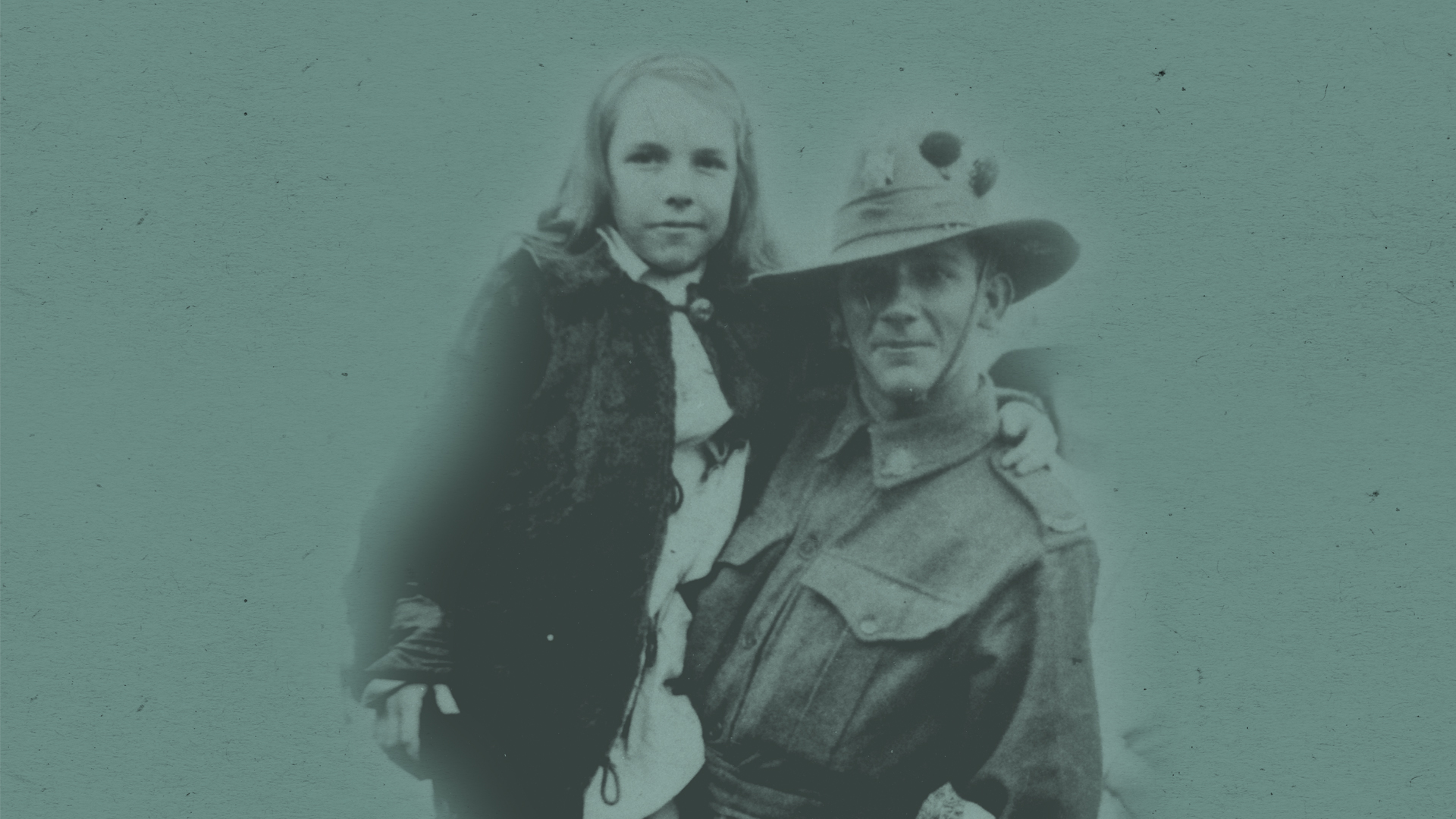 Rendered image of WW1 soldier and young girl posing for a photo