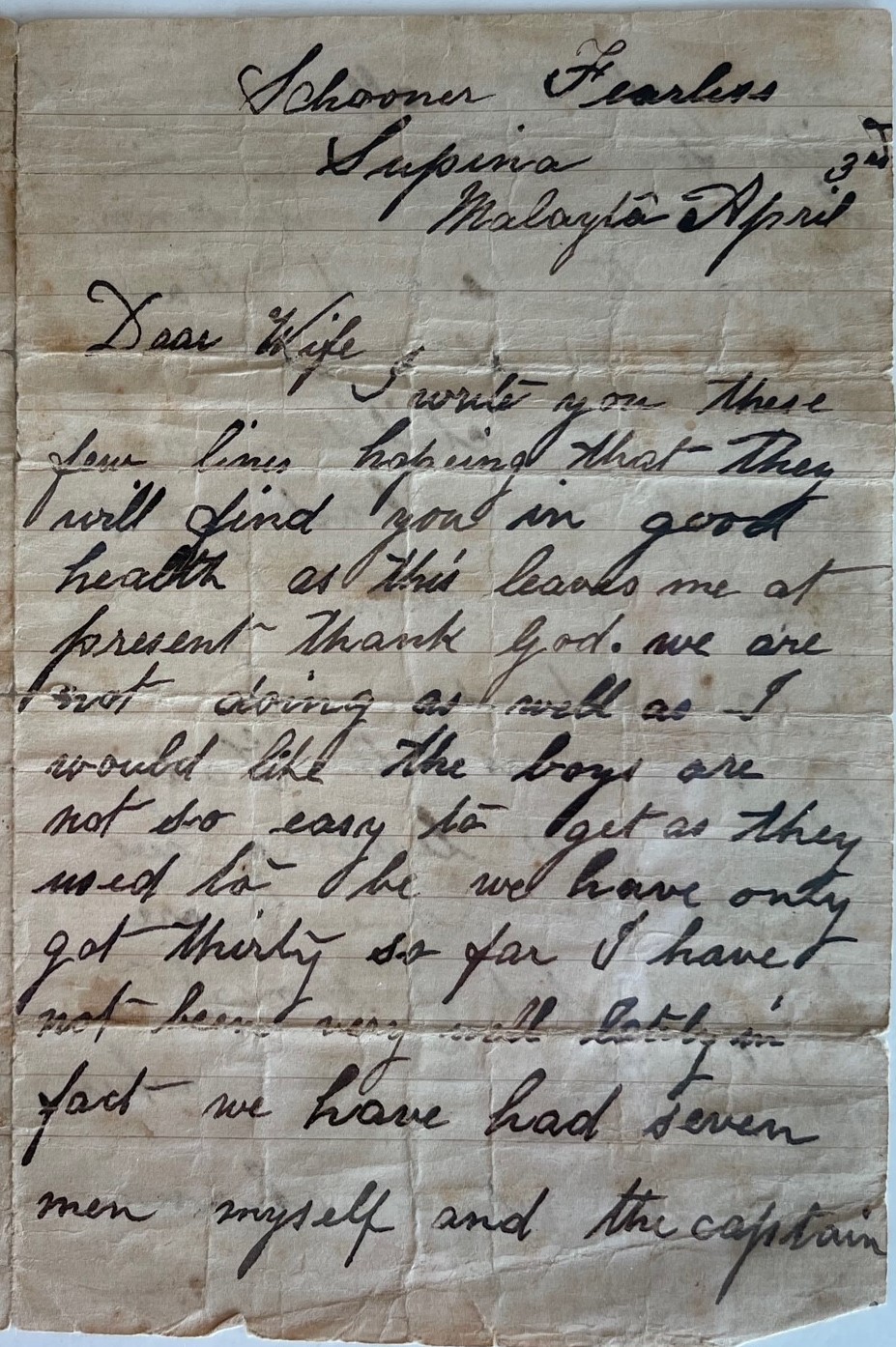 Letter from James Arthur, in Malayta, to his wife, 3 February c.1900 ...
