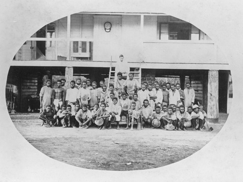 Australian South Sea Islanders outside the manager's house on a sugar plantation in Macknade, Queensland, ca. 1881 Photographer unknown John Oxley Library, State Library of Queensland 6306 Album of Views of Townsville and Herbert River Image no. APO-022-0001-0009\