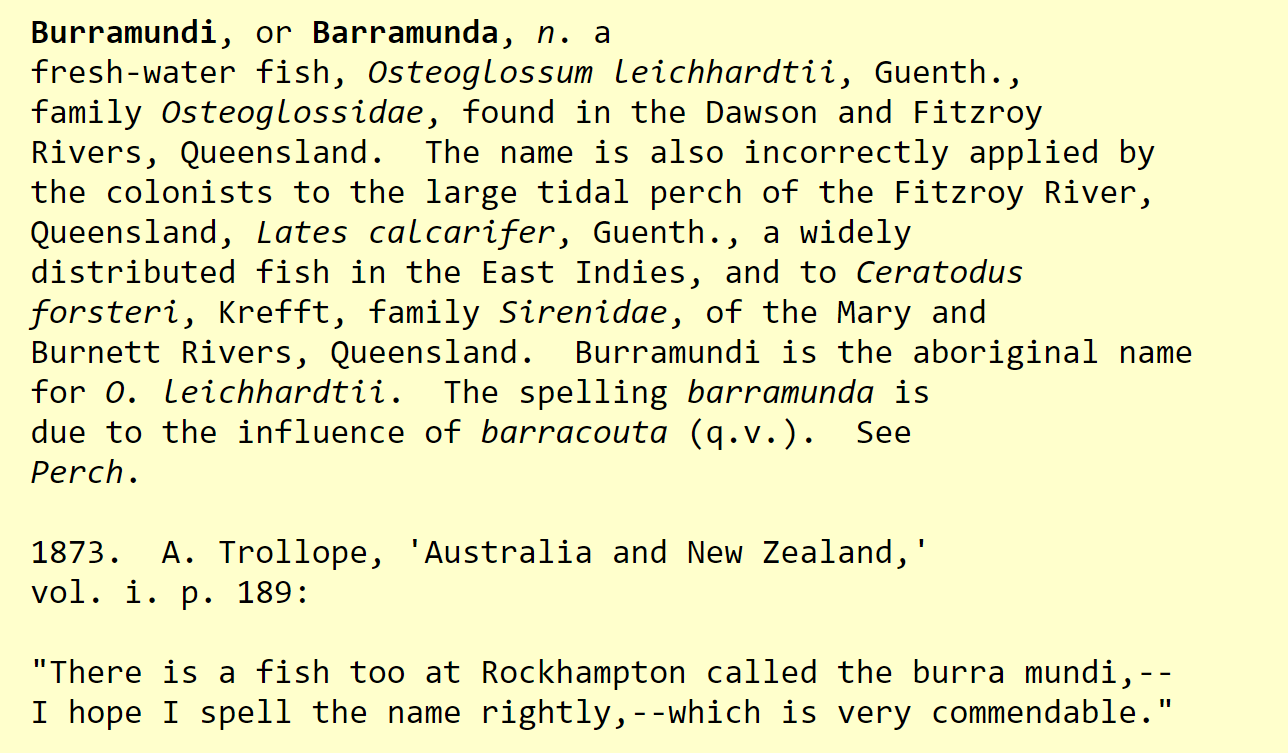 Entry for ''Burramundi'', A Dictionary of Austral English (1898).