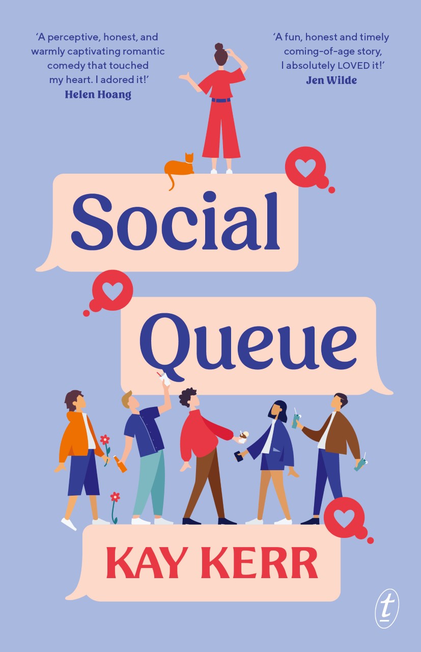 Cover of Social Queue by Kay Kerr. It's mauve with five stylised figures in bright clothing looking up at a girl in a red outfit