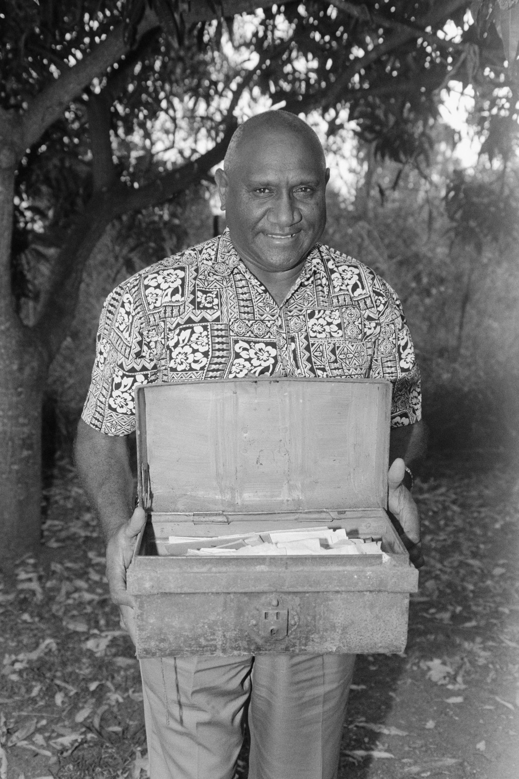 Lloyd Willie with a South Sea Islander trade box family heirloom in Rockhampton, Queensland, 2000.