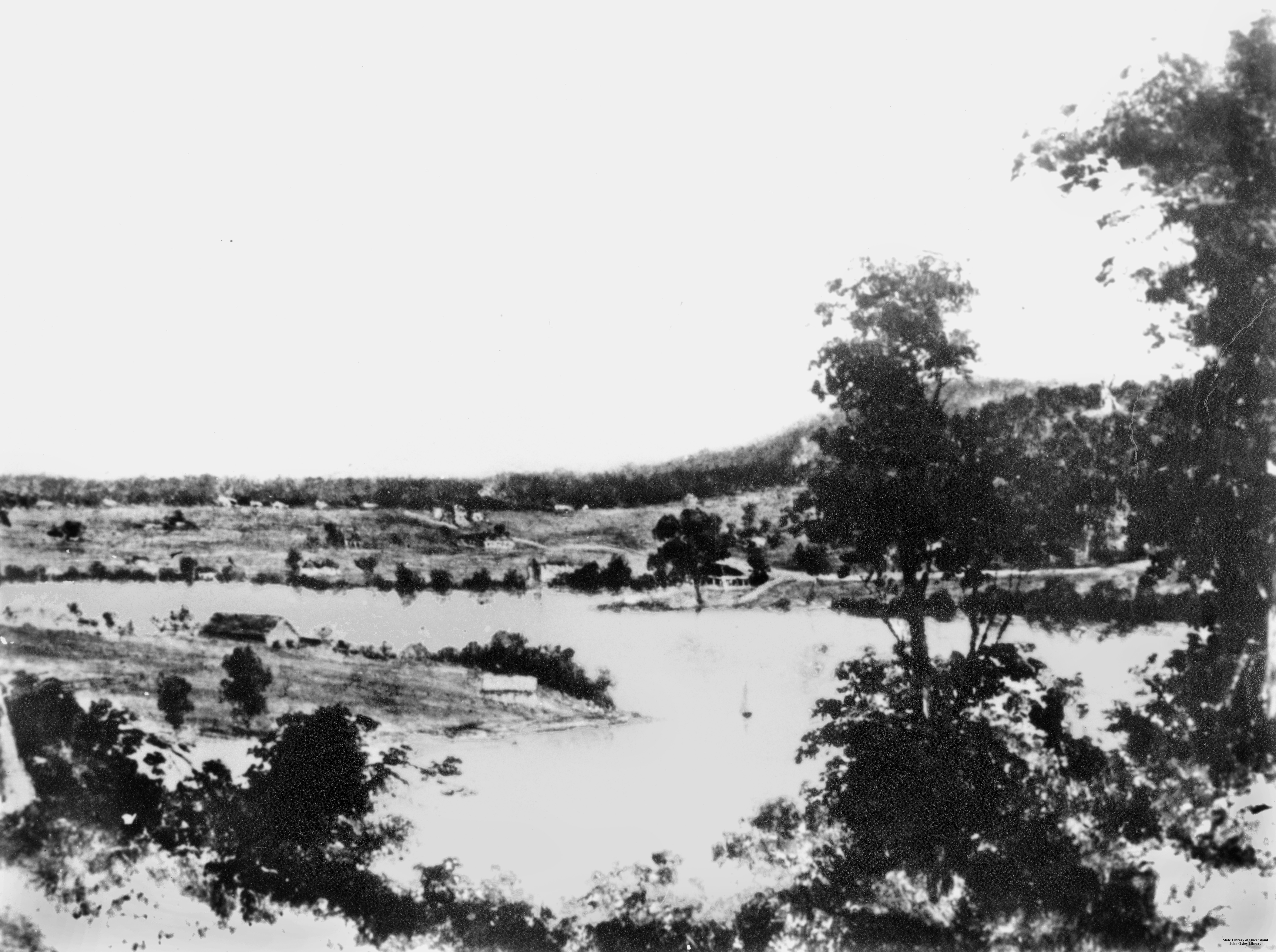 Black and white image of painting of Brisbane views from Bowen Terrace looking across to Kangaroo Point, ca.1851