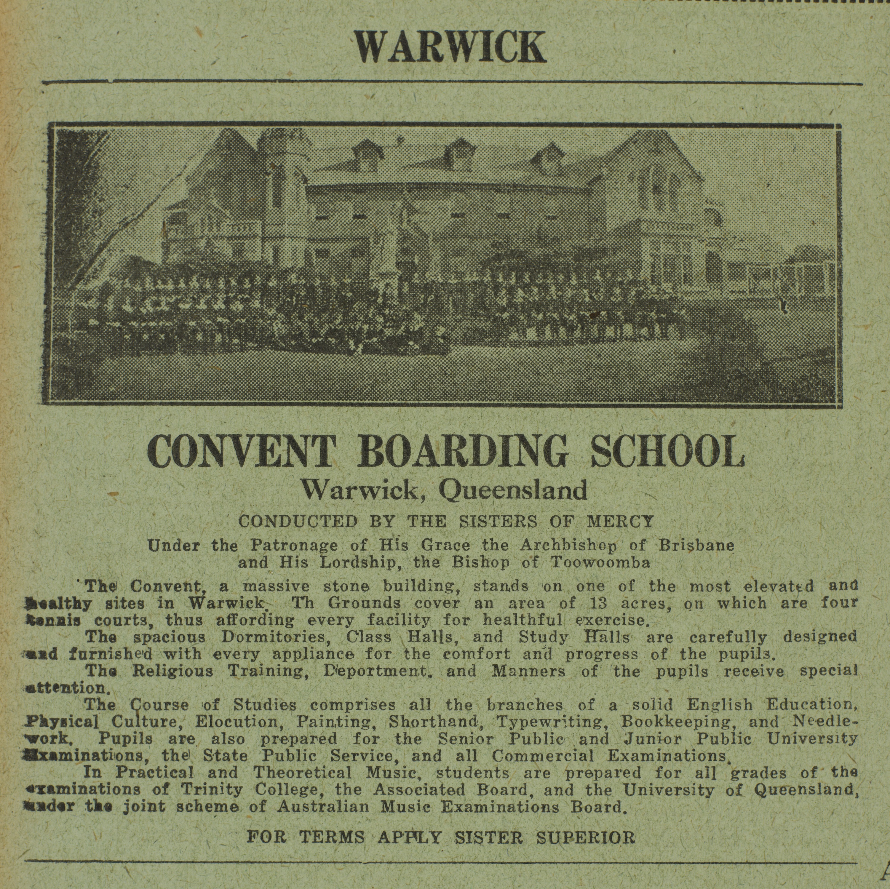 Convent boarding school advertisement Warwick, Queensland 