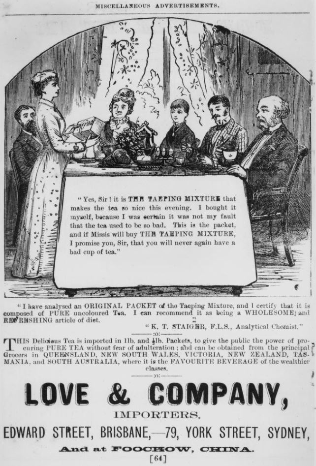 Advertisement for Love & Company Importers, Slater's Queensland Almanac 1883