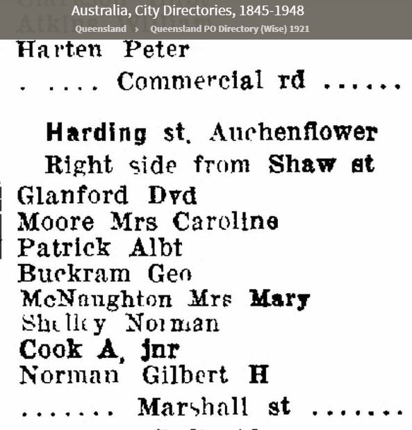 List of residents in Harding St, Auchenflower in 1921, Ancestry, City Directories.