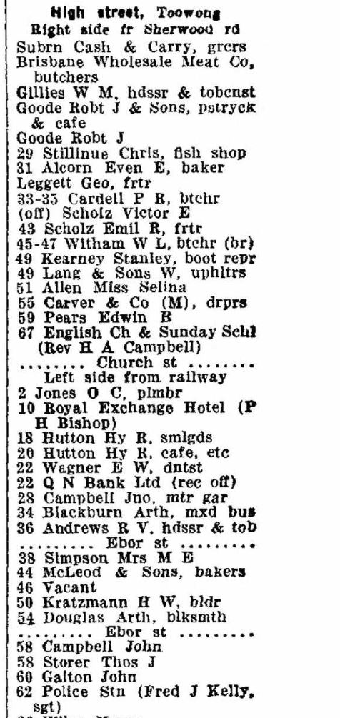 List of numbered properties and businesses, High Street, Toowong, Queensland Post Office Directory (Wise) 1936, Ancestry, City Directories.