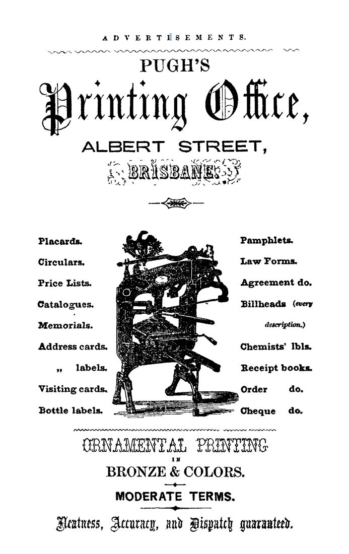Advertisement for Pugh's Printing Office, Albert Street, Brisbane with picture of printing press