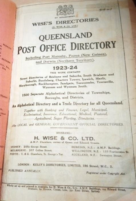 Title page of Wise's Directories Queensland Post Office Directory 1923-24.