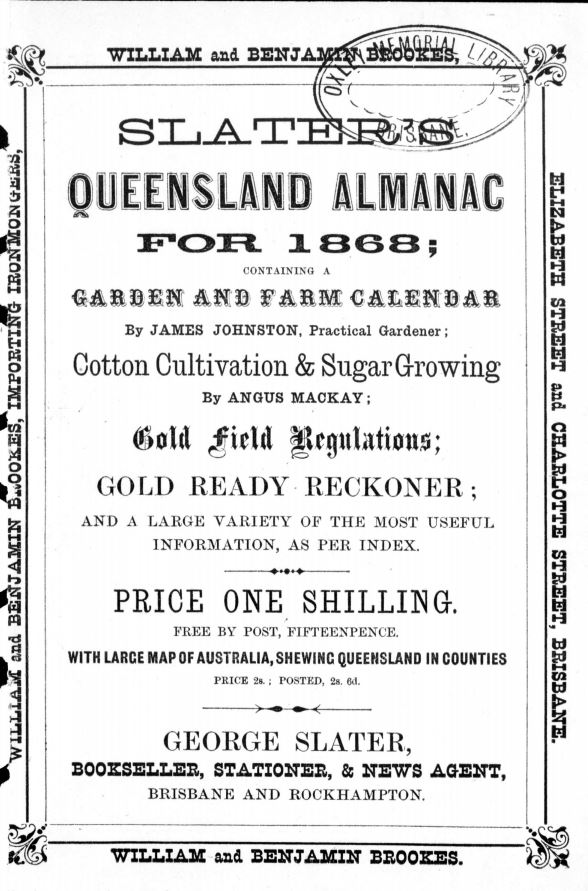Title page of Slater's Queensland Almanac 1868
