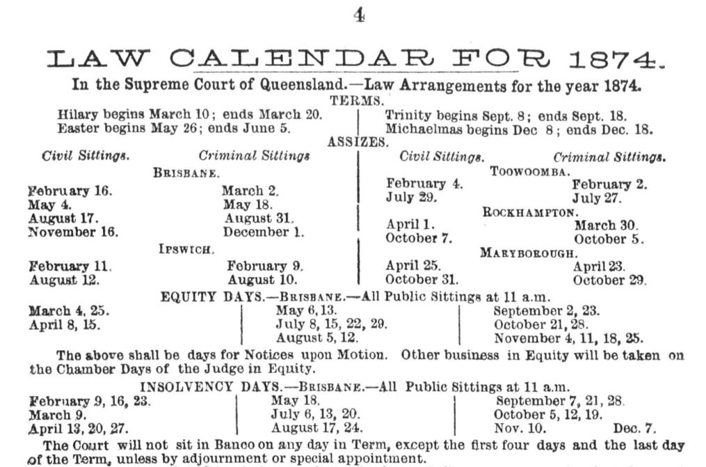 Law calendar in Slater's Almanac, 1874.