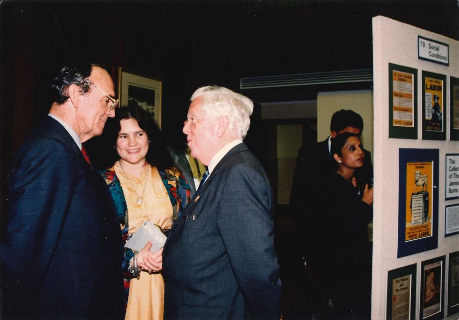 Christina Ealing-Godbold with Deputy Premier, Tom Burns and Chairman of State Library Board, Manfred Cross at the opening of the Workers Heritage Centre exhibition 1993.