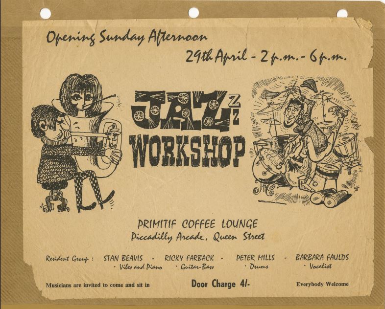 Handbill for the Sunday night Jazz Workshop, Primitif Coffee Lounge.