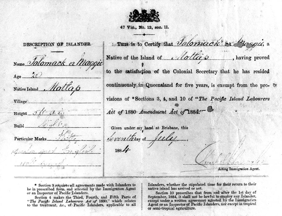 Certificate of exemption of Tolomack, 1884 