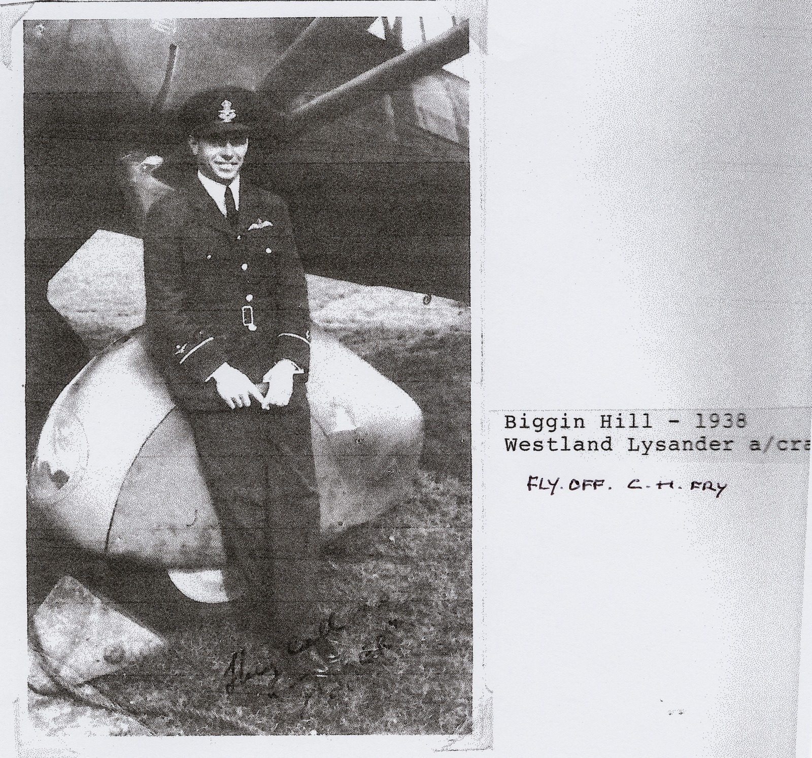 Charles Fry at Biggin Hill standing in front of a Westland Lysander aircraft, 1938