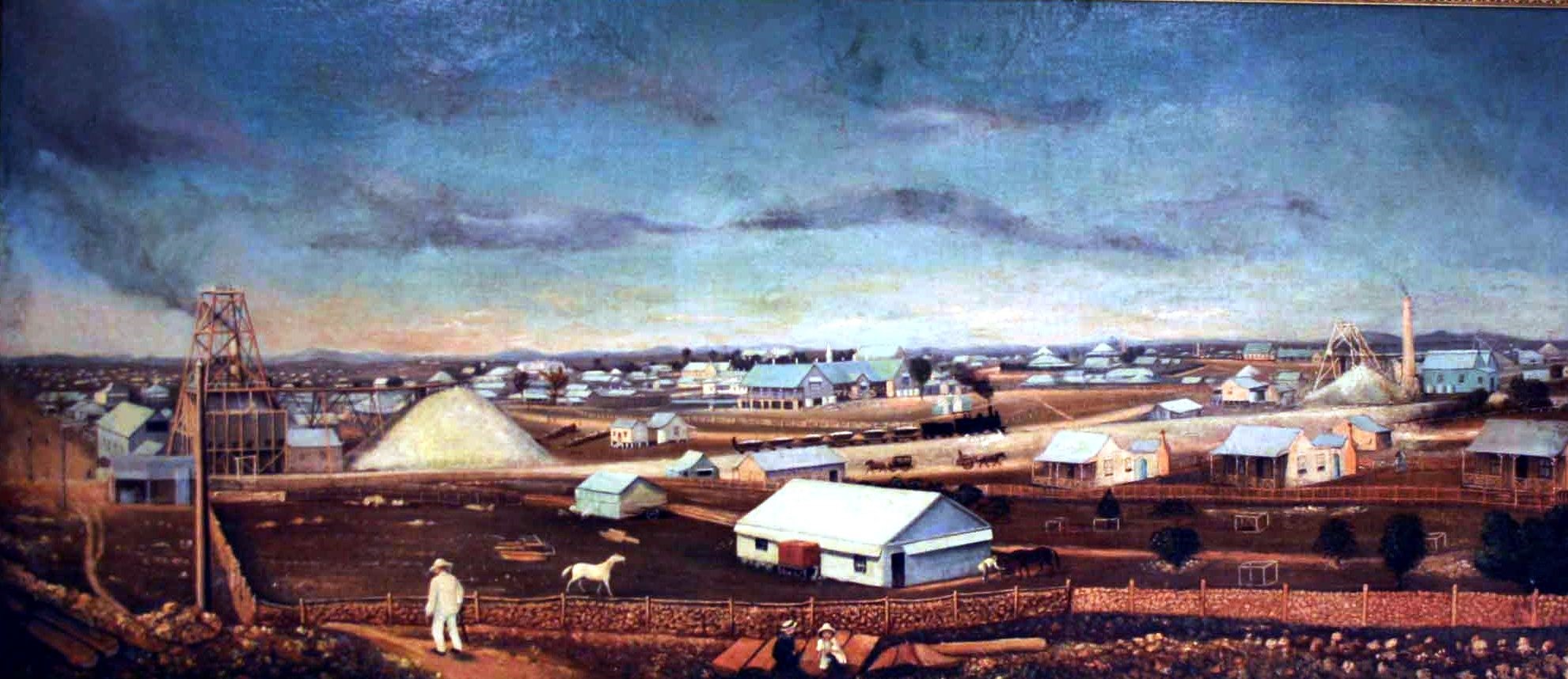 artwork dipicting early Charters Towers, Brown earth, white buildings, blue cloudy sky.