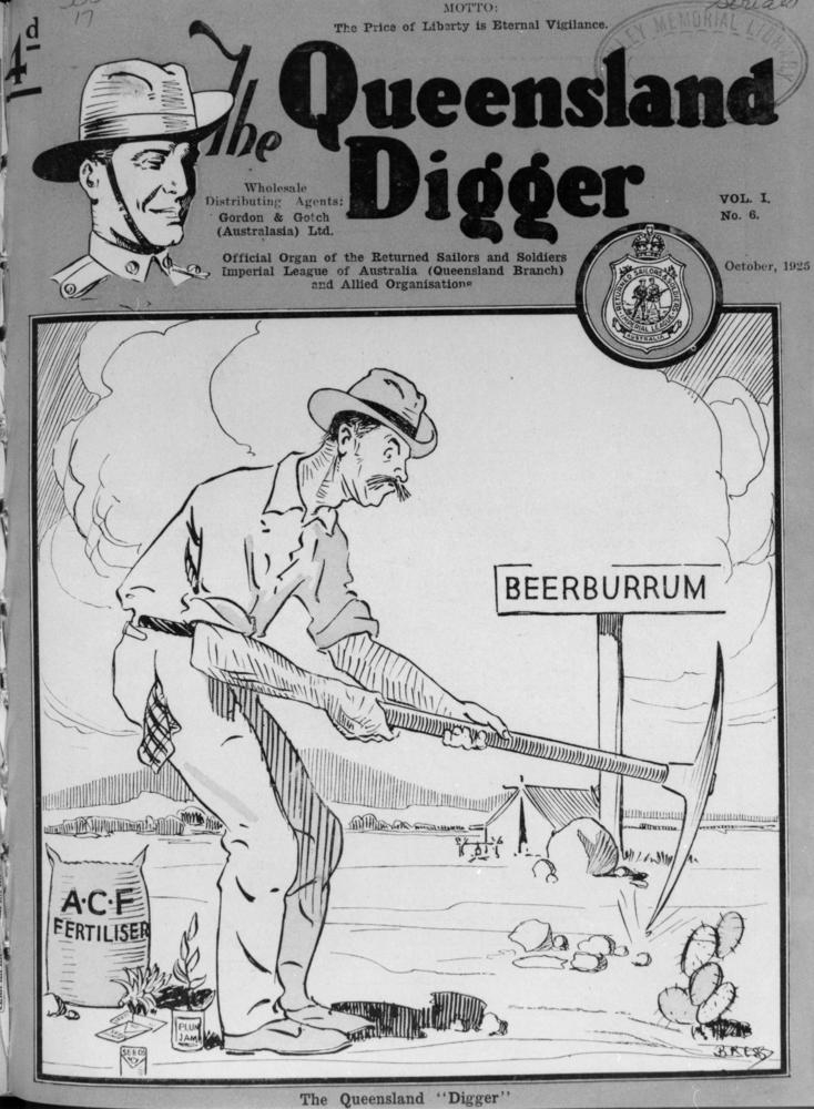 Front cover of The Queensland Digger October 1925 with a drawing of a farmer working in the field at Beerburrum.