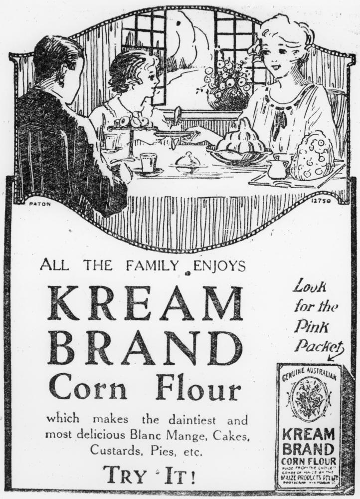 Advertisement for Kream Brand Corn Flour showing a family of three sitting at the dinner table.