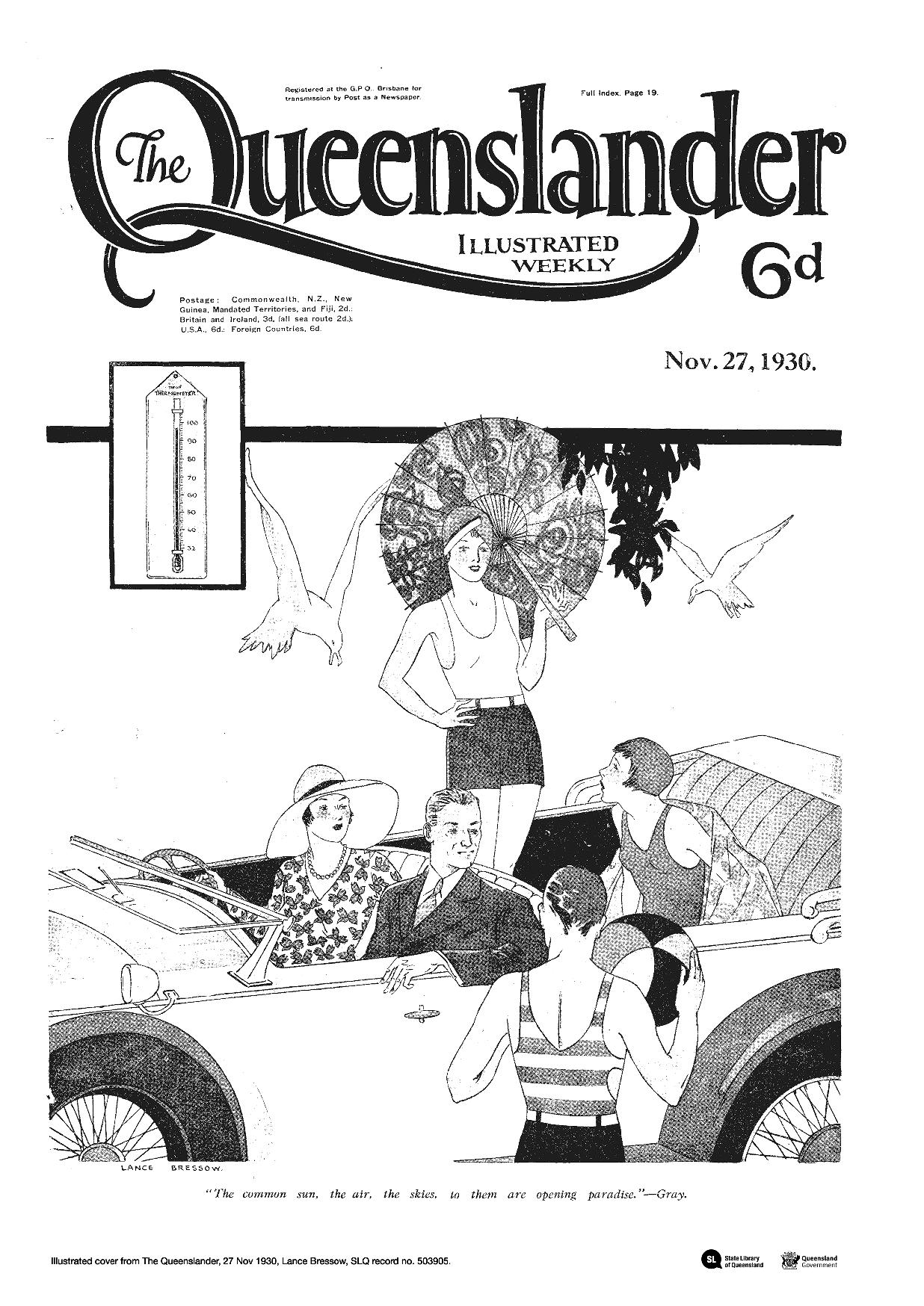 Front page cover of Illustrated Cover from The Queenslander 27 Nov 1930. The cover has a drawing one man and three ladies in a car and another person sanding outside the car holding a beach ball. 