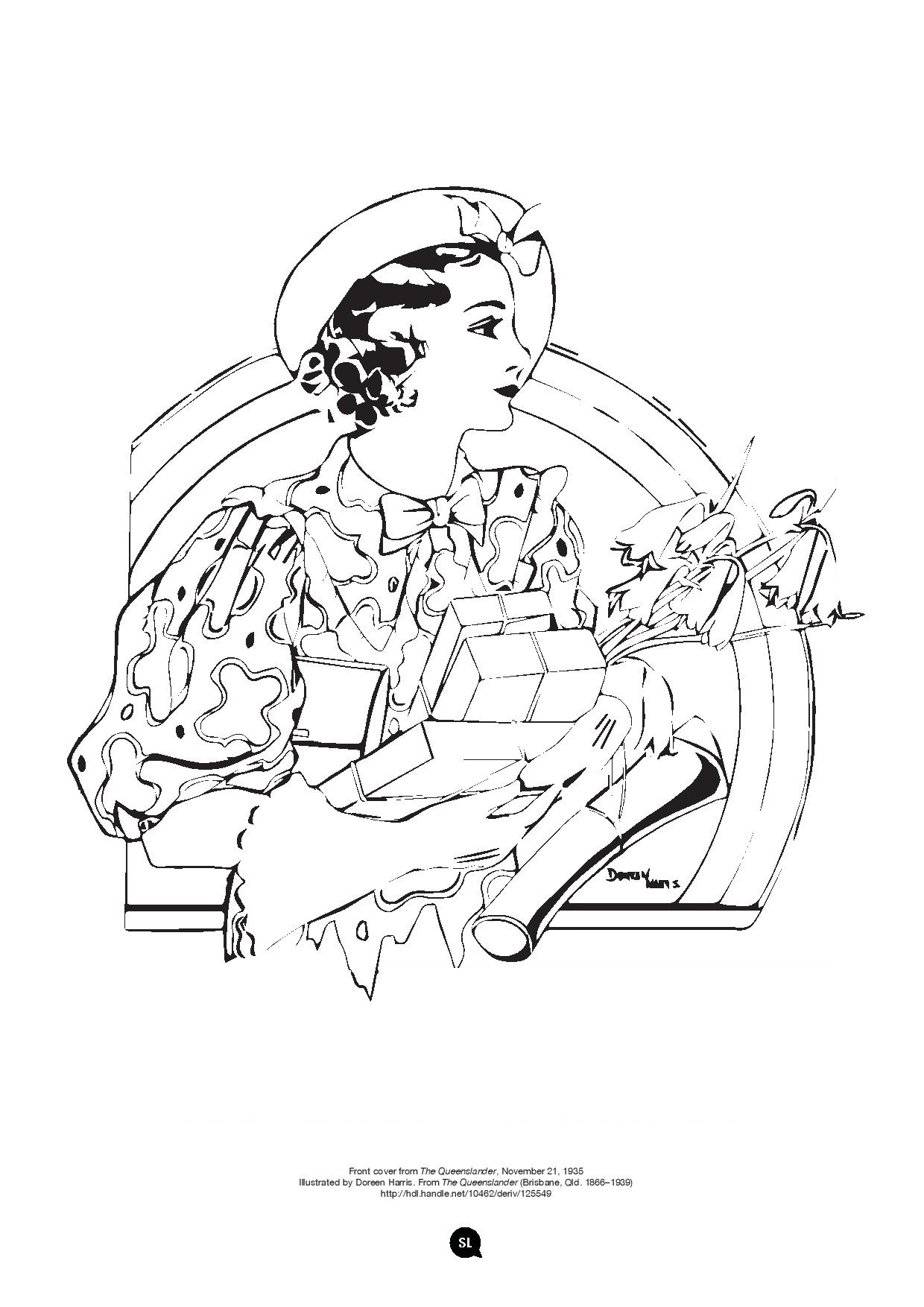 Drawing of a lady hearing a hat, blouse and gloves holding several small gift boxes 