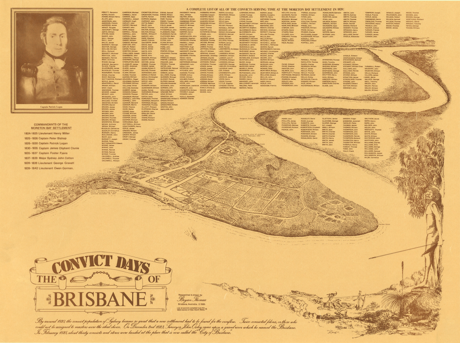 Drawing of Moreton Bay Settlement 1828 with list of convict names and image of Captain Patrick Logan in top left corner.