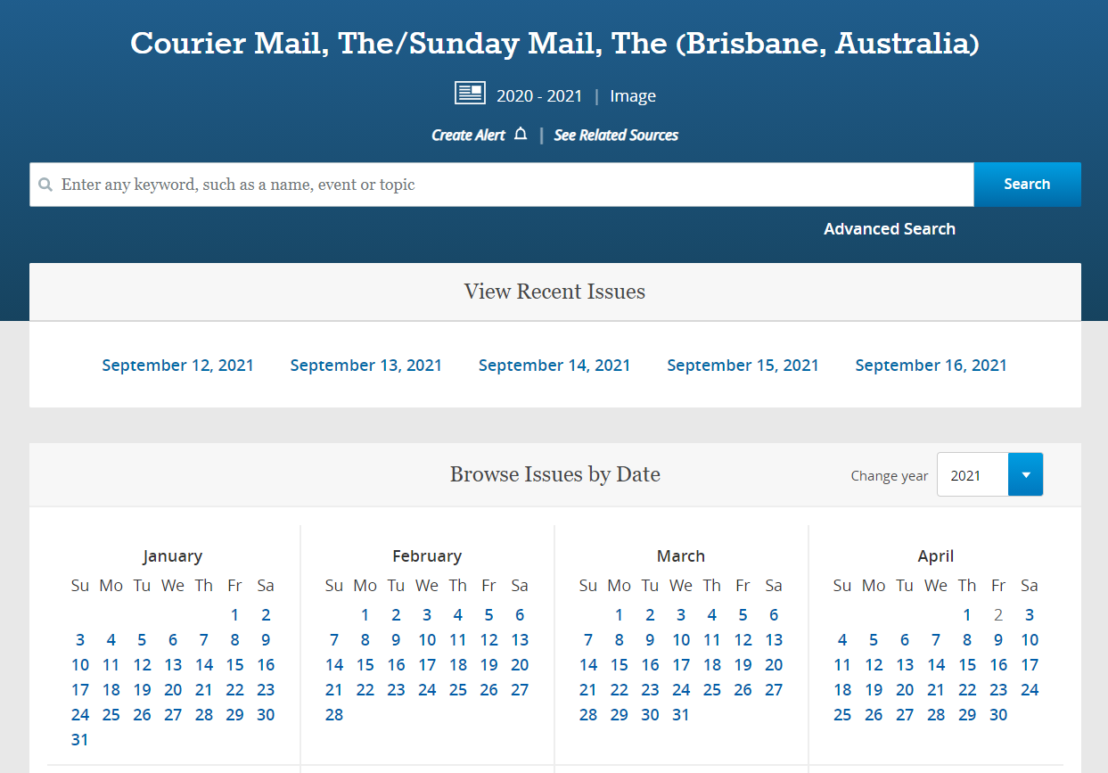 Screen shot of the search by date function webpage of NewsBank